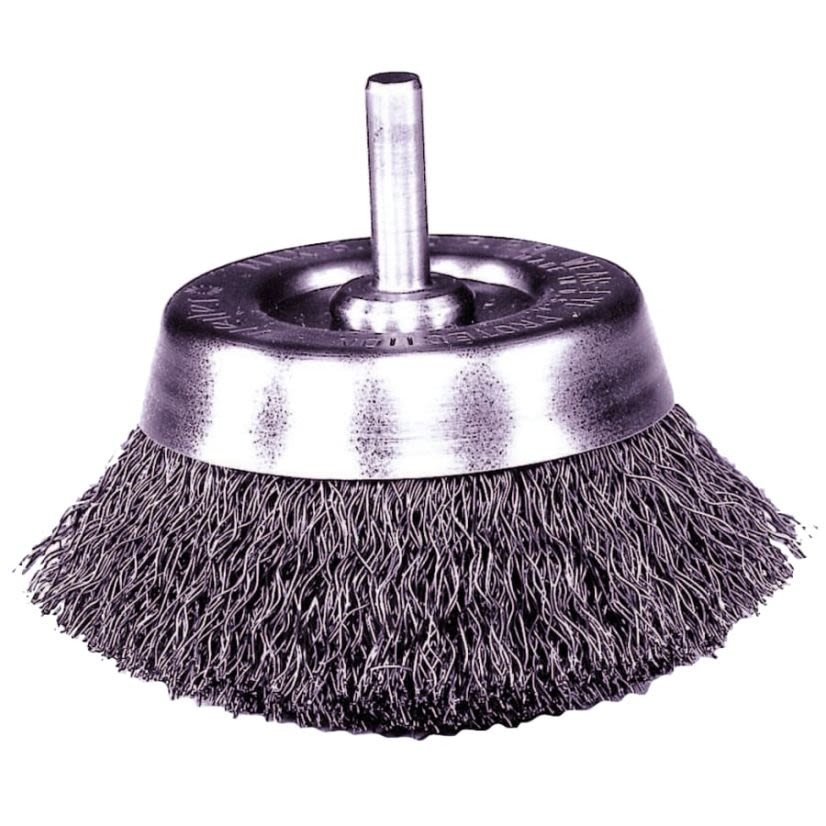 Weiler 14301 Stem Mounted Utility Cup Brush, 1-3/4 in Dia Brush, 0.0118 in Dia Filament/Wire, Crimped, Steel Fill